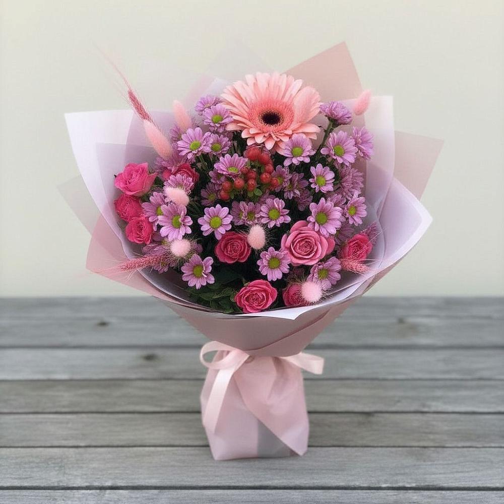 Букет цветов из: Розы, Герберы и Хризантемы в Казгулаке