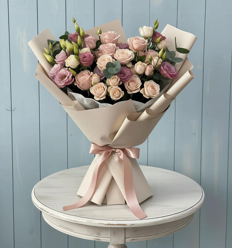 Букет цветов из: Розы и Лизиантусы в Казгулаке