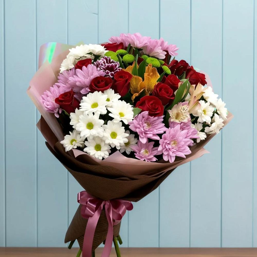 Букет цветов из: Розы, Хризантемы и Альстромерии в Казгулаке